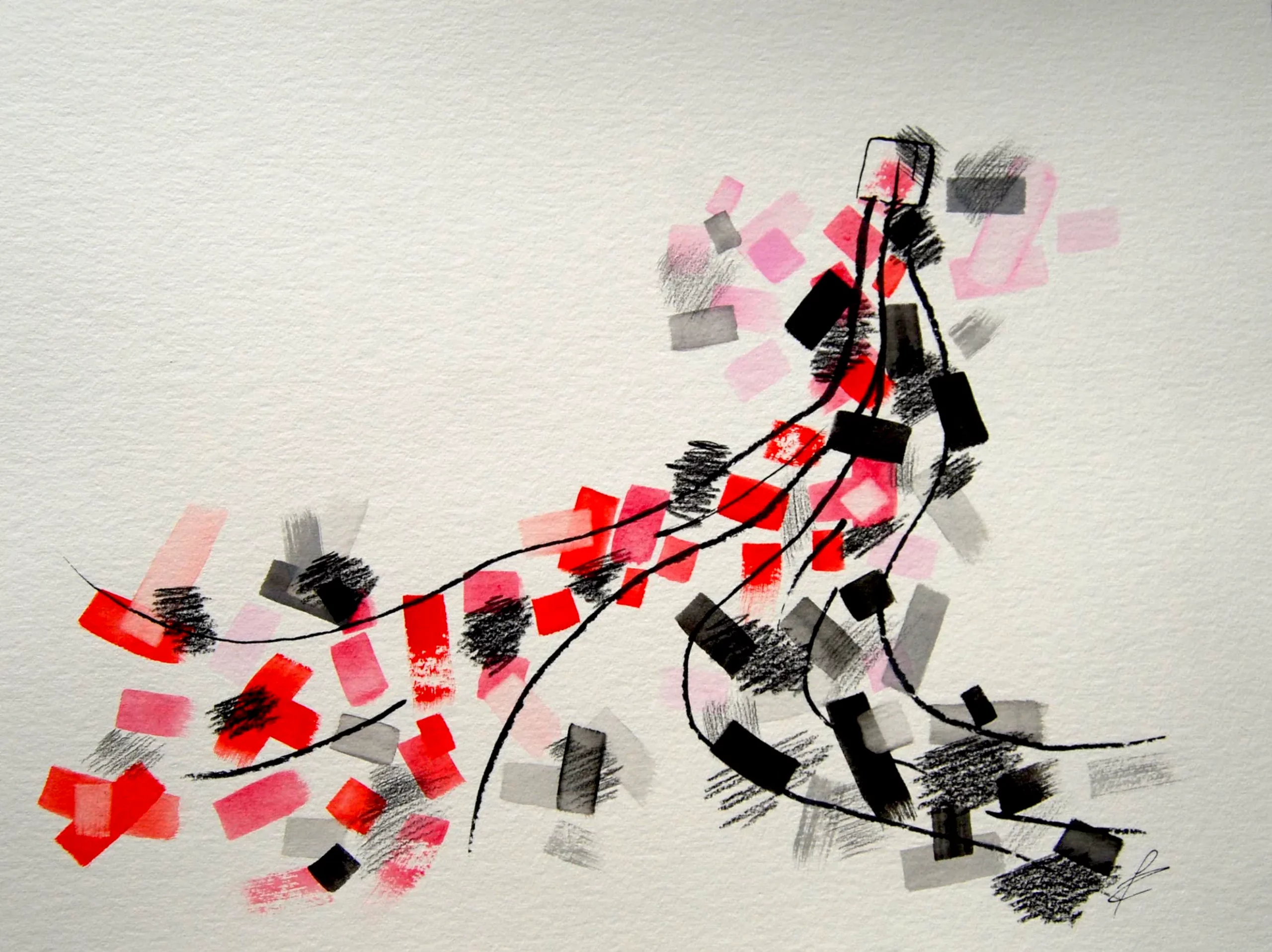 Handmade artwork of a peculiarly shaped bottle of wine, mixed media on watercolour paper.